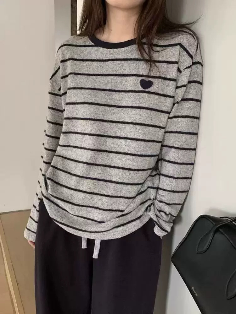 韩伊hanyi正品25冬季羊绒加厚条纹宽松长袖T恤打底衫女上衣女潮