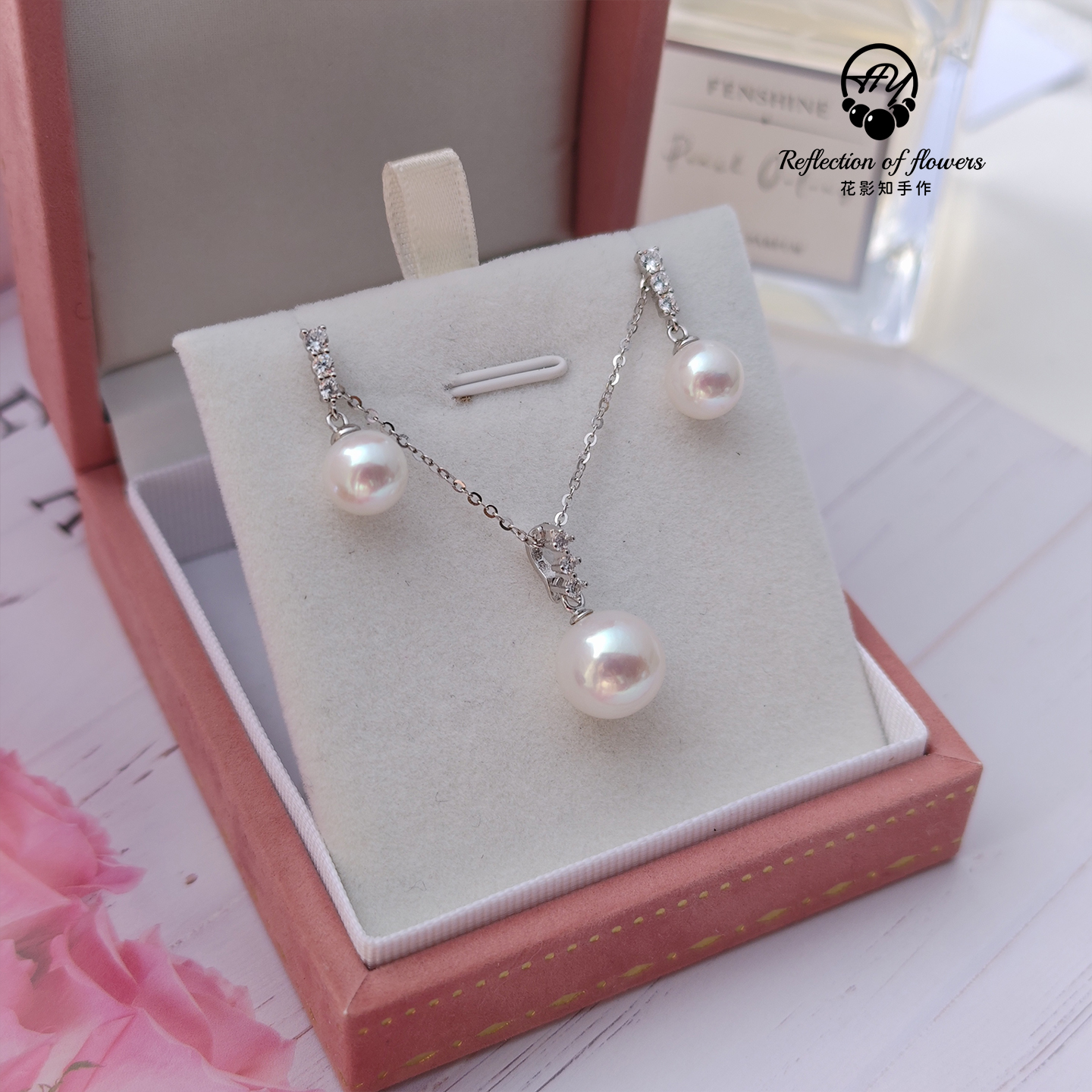 实物天然极光淡水爱迪生珍珠三3钻锆石银耳钉吊坠项链M家明星同款