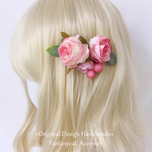 蔷薇猫手作 洛丽塔小物花朵头饰发饰 粉色少女风bnt花丸胸针发夹
