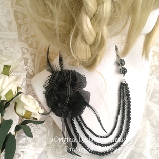Y2K古早氛围感多层仿珍珠蕾丝花长款项链亚文化涩谷羽毛丝带层次