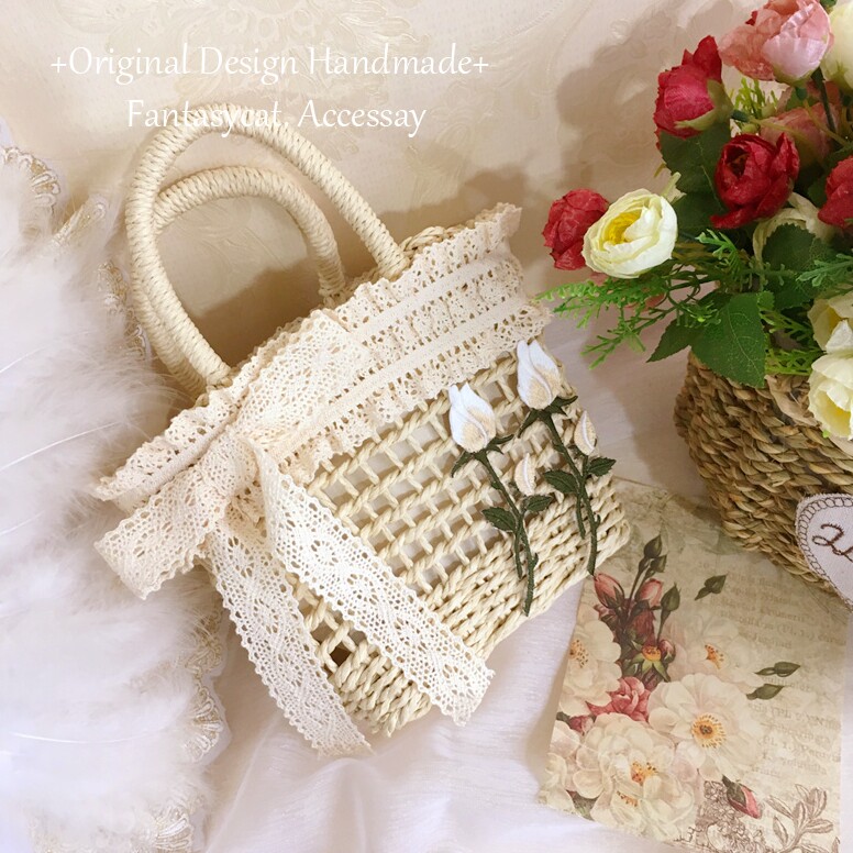 蔷薇猫森系文艺郁金香手工草编包lolita藤编包度假夏手提包篮