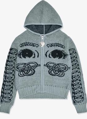 欧美 2025秋冬新款小众设计眼睛针织连帽开衫外套女