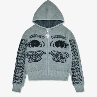 外套女 小众设计眼睛针织连帽开衫 欧美 2025秋冬新款