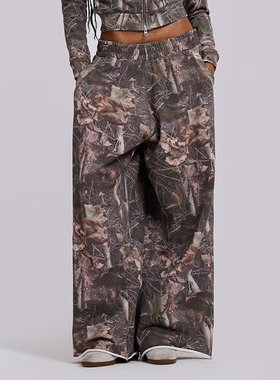 夏新Jennie同款枯树枝印花松紧腰男女阔腿裤辣妹长裤