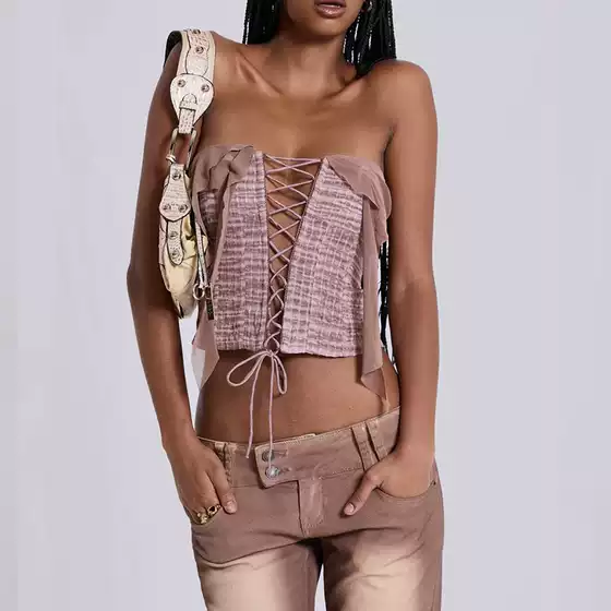 Clearance $69 Returned EU/US 24SS Retro Y2K Sweet & Spicy Sexy Drawstring Ribbon Wrapped Crop Tube Top Women's Cami