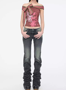 heaven25SS新斜肩印Y2KT恤辣妹亚比无袖上衣一字肩短袖