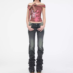 heavenm双头熊25SS新斜肩印Y2KT恤辣妹亚比无袖 上衣一字肩短袖