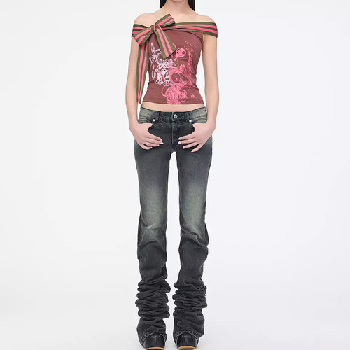 heavenm双头熊新款一字肩T恤