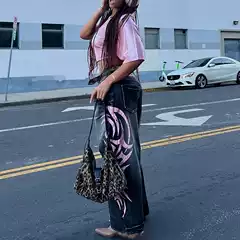Clearance Version 149 Yuan Korean Style European and American New Style Totem Print Ultra-Loose Ripped Unisex Wide-Leg Jeans Long Pants
