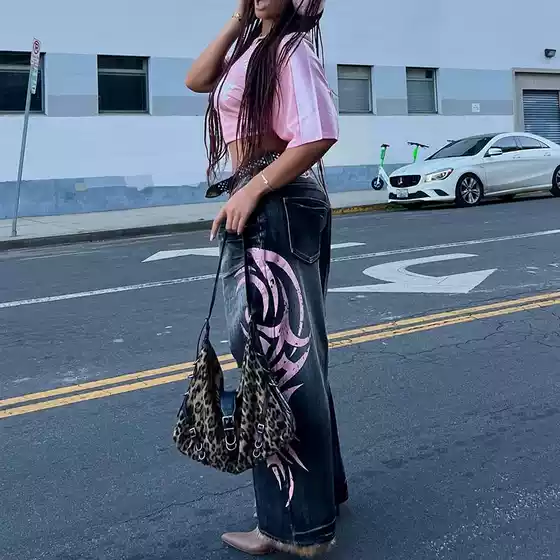 Clearance Version 149 Yuan Korean Style European and American New Style Totem Print Ultra-Loose Ripped Unisex Wide-Leg Jeans Long Pants