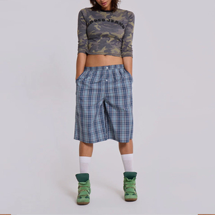 欧美25新春夏新品 圆领辣妹高腰男女上衣T恤 迷彩七分袖