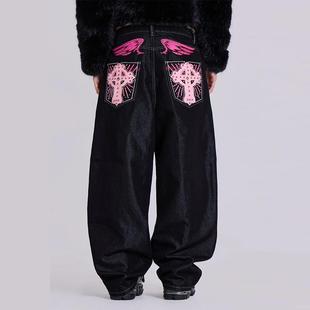 欧美2025潮复古风翅膀十字架男女直筒阔腿长裤 牛仔裤