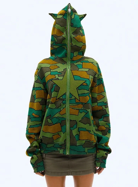 heaven 双头熊家冬春亚比Y2K绿色迷彩毛织小恶魔连帽针织外套开衫