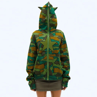 2.13号停发heaven双头熊亚比Y2K迷彩毛织小恶魔连帽针织外套开衫