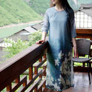奂墨 纯棉里衬仙气轻中式连衣裙 中国风长裙新中式 孤品特价清仓