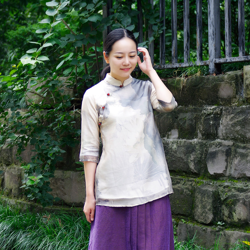 奂墨原创真丝乔其纱中式上衣 国风长袖衬衫 质感茶人服 纯棉内衬