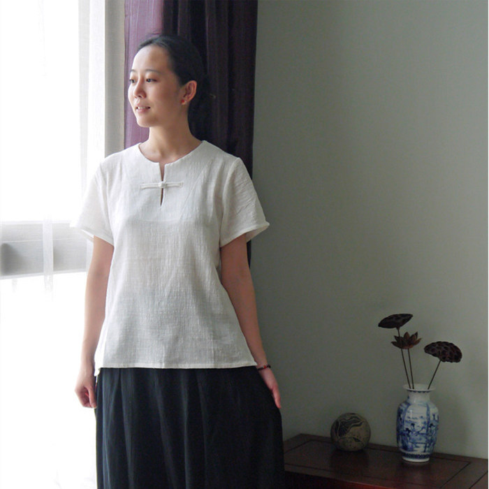 【奂墨】中国风棉麻短袖衬衫 轻中式T恤茶人服女夏 孤品特价清仓