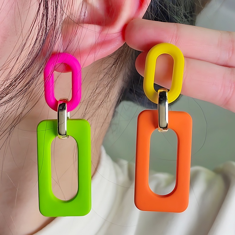 UNBOX手作夸张彩色长方形耳环度假风耳坠海边耳夹无耳洞款