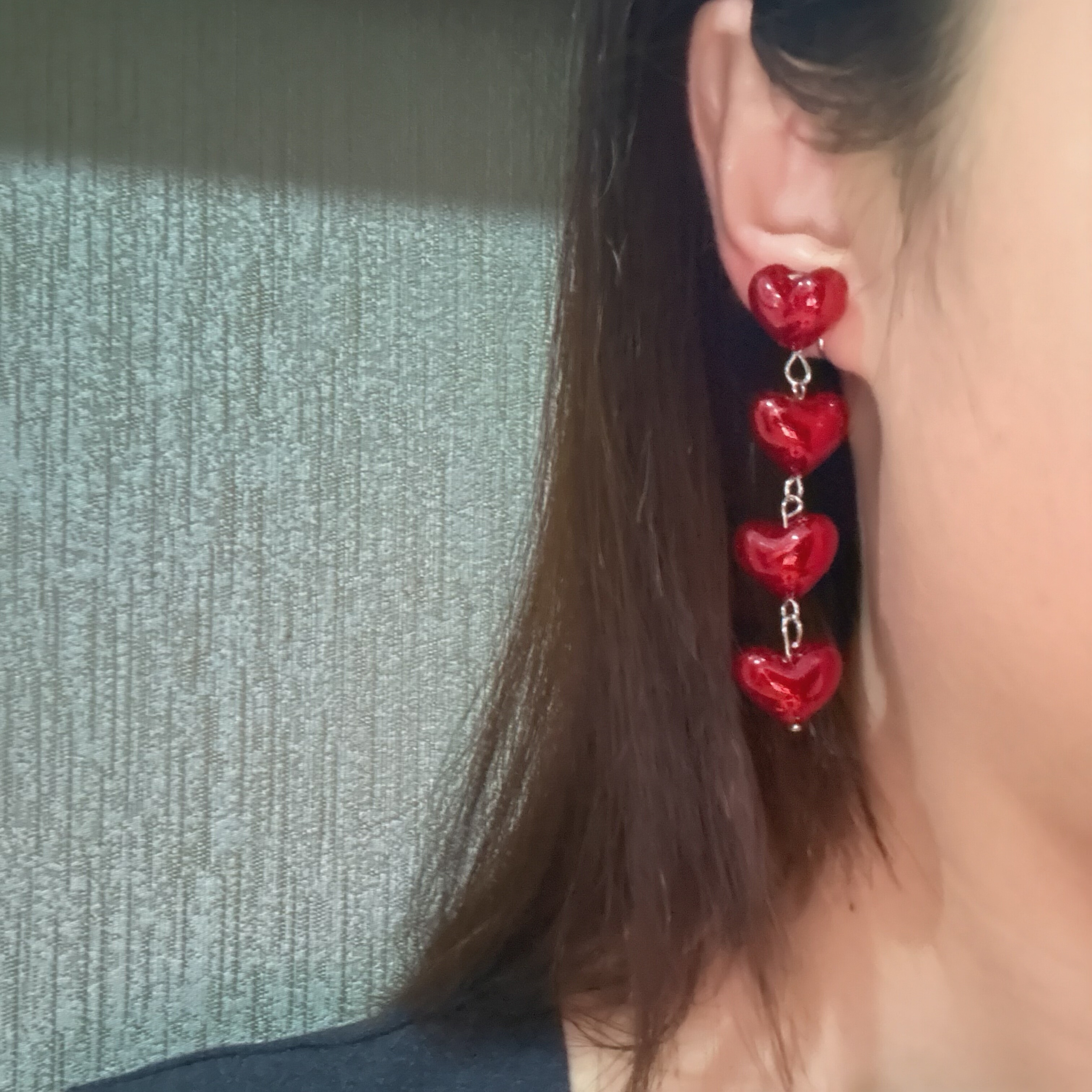 UNBOX红色爱心耳环女气质百搭长款流苏耳饰耳夹