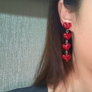 UNBOX红色爱心耳环女气质百搭长款流苏耳饰耳夹
