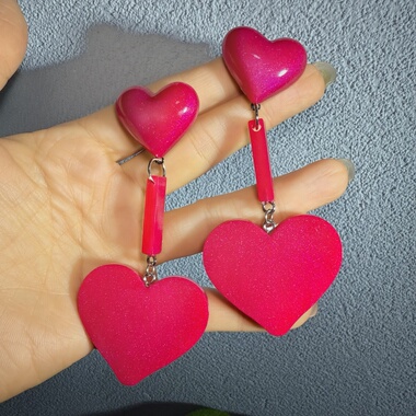 UNBOX.手作夸张红色爱心耳环度假风耳坠海边耳夹无耳洞款