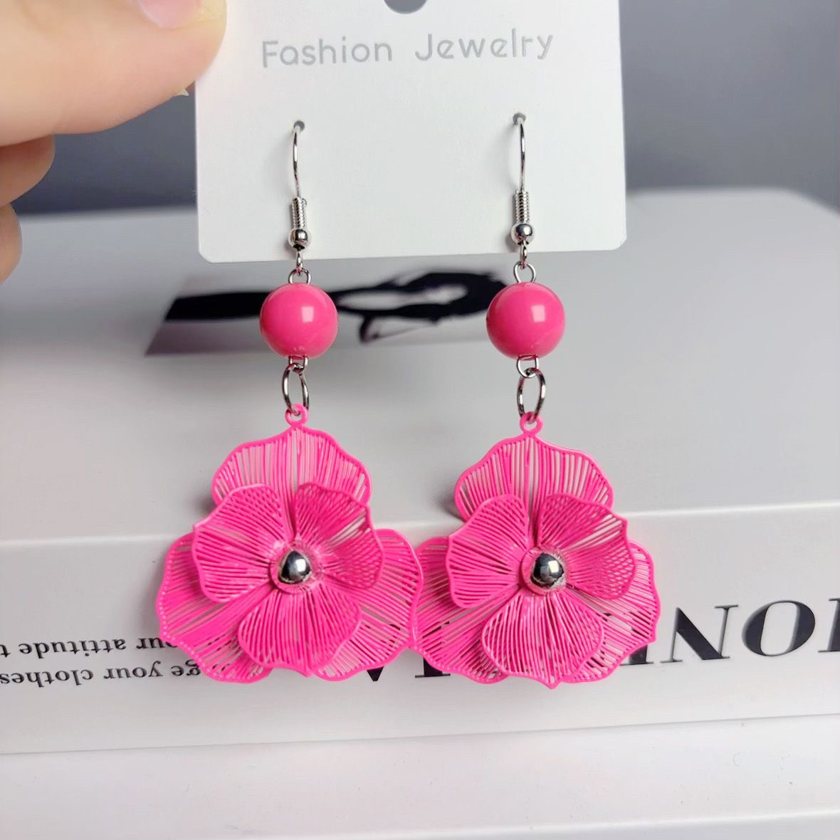 原创现货小众设计多巴胺花朵耳环玫红