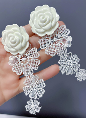 镂空山茶花超长夸张定制耳环白色纯洁蕾丝气质显脸瘦耳夹