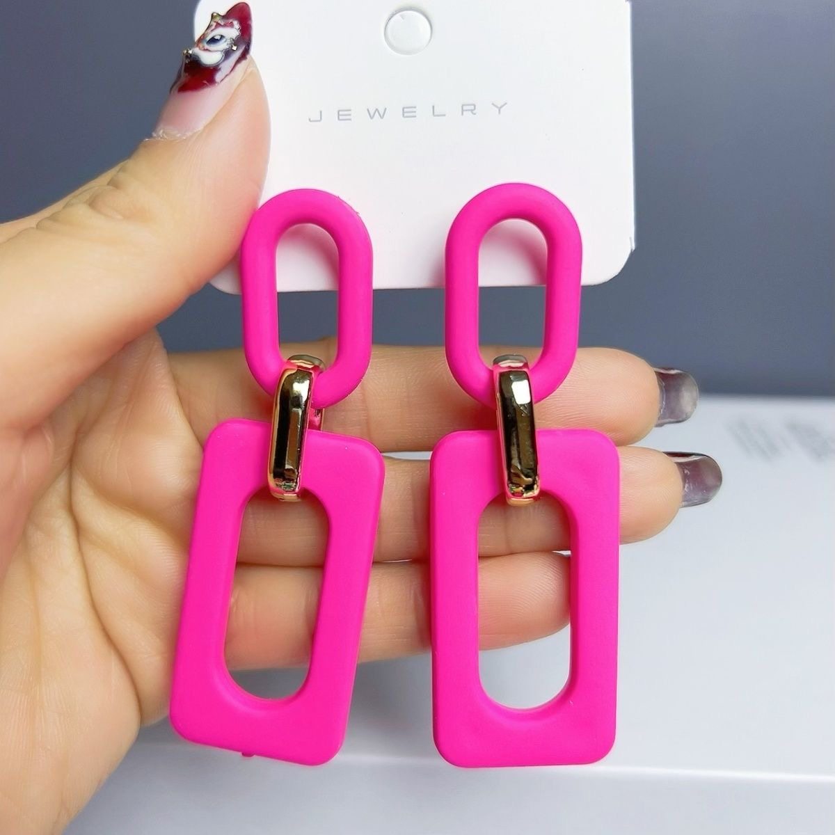 UNBOX原创手作夸张玫红色几何耳环度假风耳坠海边耳夹（无耳洞款