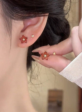 四件套红色锆石花朵耳钉女高级感