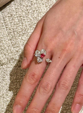 玫红色锆石花瓣戒指女轻奢重工