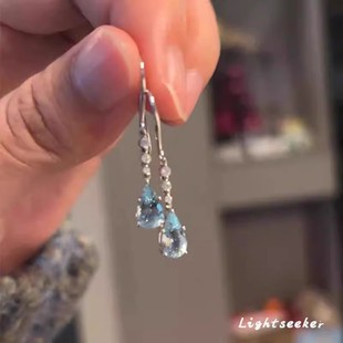 s925纯银蓝色水滴耳钉女清冷风高颜值精致耳钩轻奢小众高级感耳环