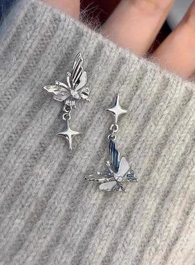 s925纯银甜酷风蝴蝶四芒星耳钉女