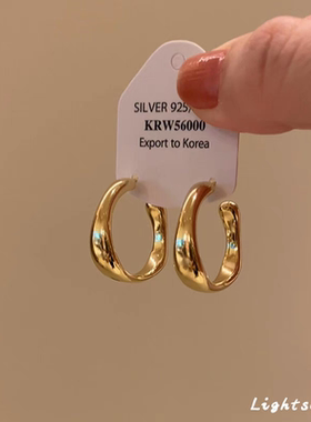 s925纯银亮面C形耳钉女轻奢高级感小众设计耳环2025新款爆款耳饰