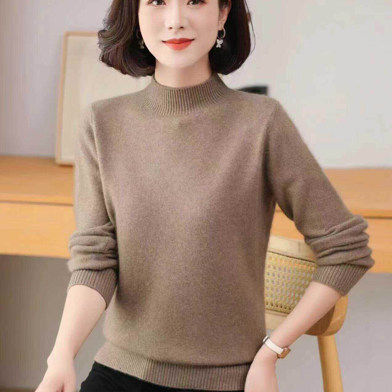 乐久正品羊绒羊毛半高领女士秋冬新款套头中年妈妈宽松内搭上衣