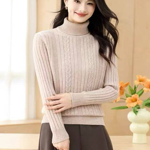 乐久秋冬高领麻花纹针织衫女长袖修身打底衫保暖羊毛衣妈妈