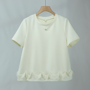202短袖 正肩圆领宽松显瘦小众设计复古立体波浪花边通勤百搭上衣