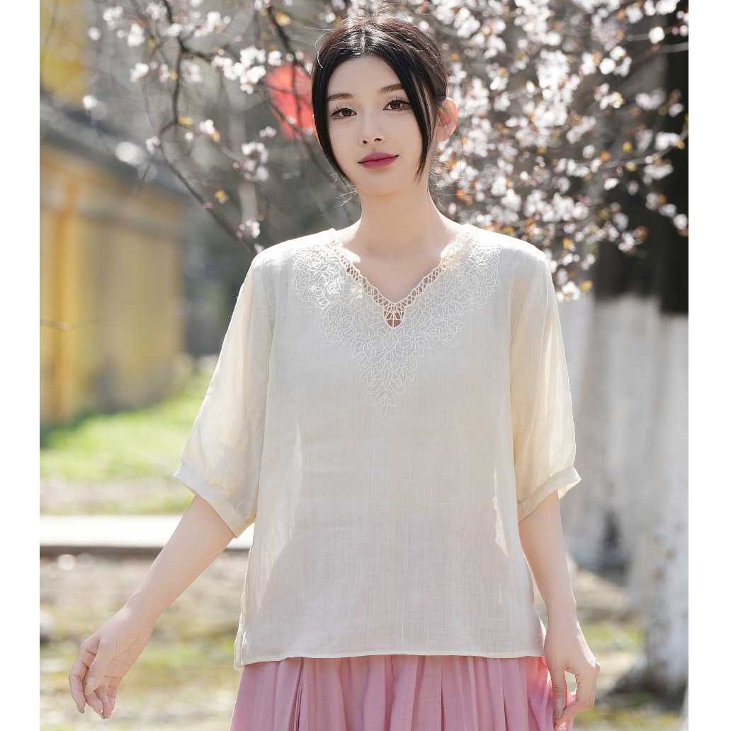 834夏季新款女装v领五分袖衬衫女宽松显瘦上衣休闲苎麻棉麻衬衣