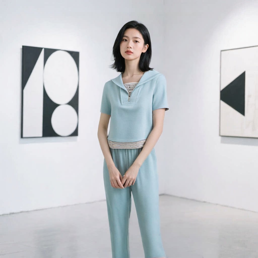 253春装套装女减龄休闲运动风小个子半拉链短袖卫衣两件套条纹