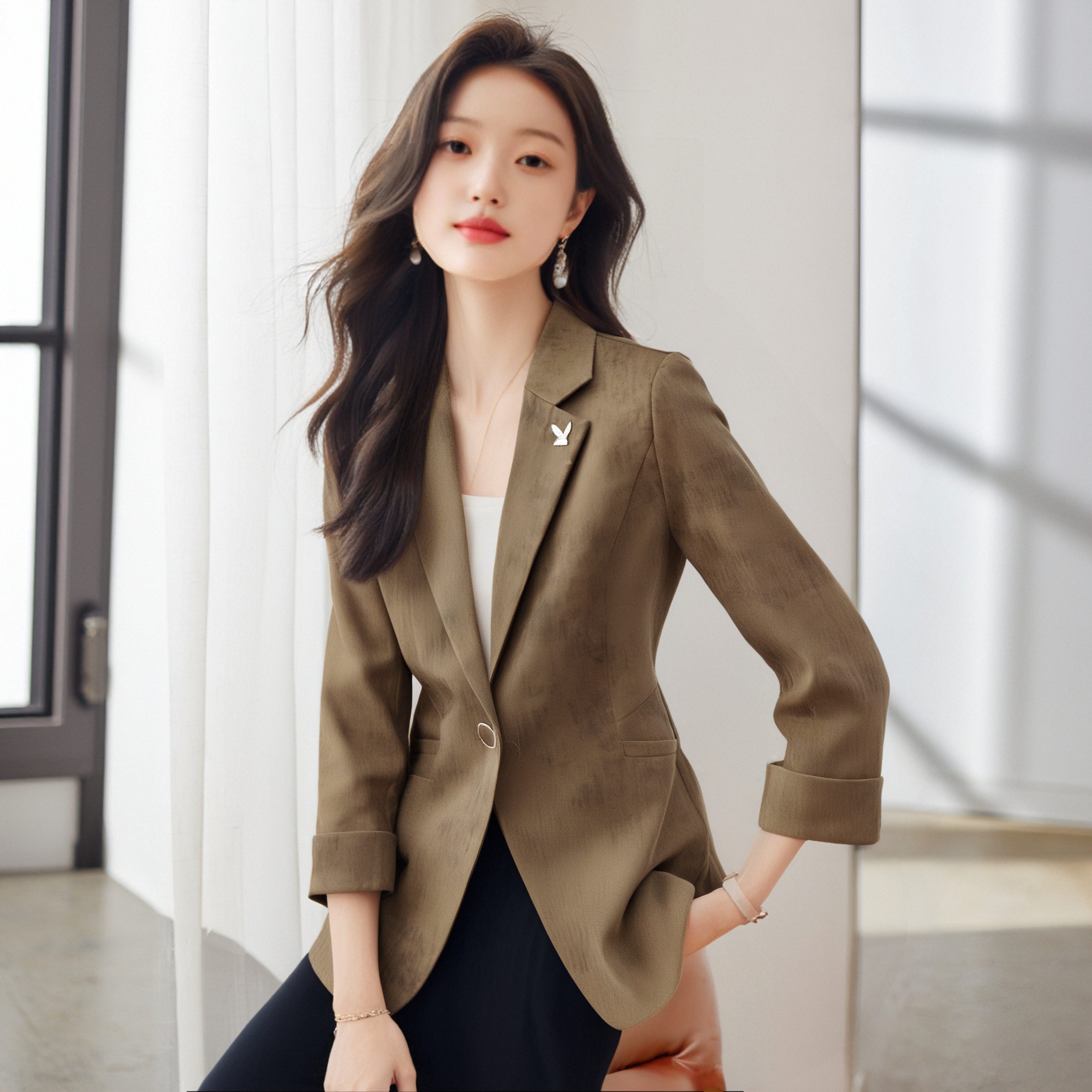 004春秋新款高级感气质百搭一粒扣小西服花色外套
