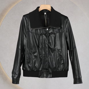 休闲机车夹克 拼接翻领皮衣外套时尚 772秋季 新款