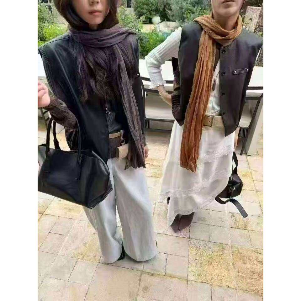 040高级感咖色复古pu皮马甲女秋季韩版机车叠穿小个子宽松外套