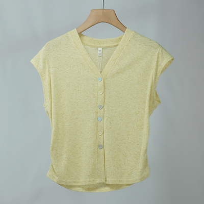 214设计感小众v领显瘦天丝亚麻针织假开衫褶皱收腰百搭飞袖上衣