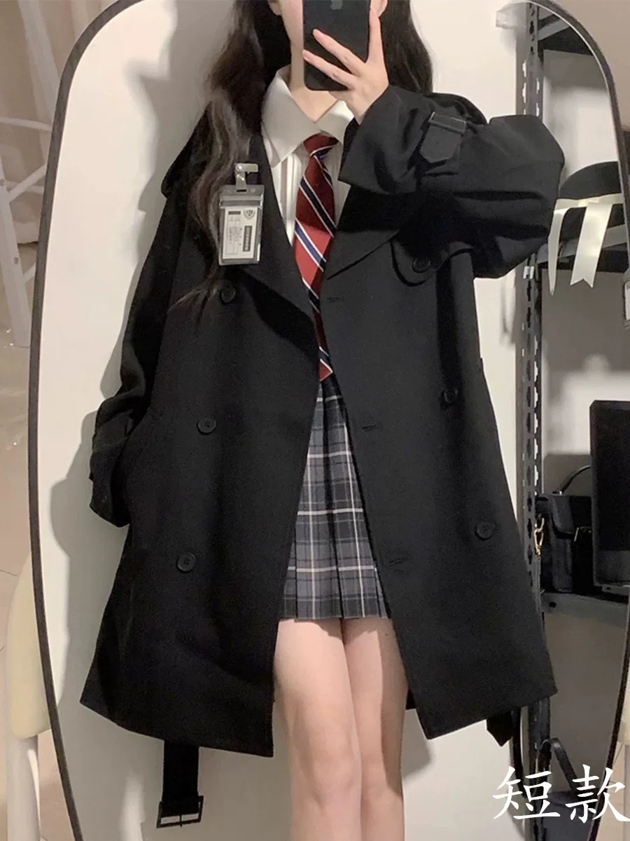 Черное trench coat, весенняя японская куртка, корейский стиль, для подростков