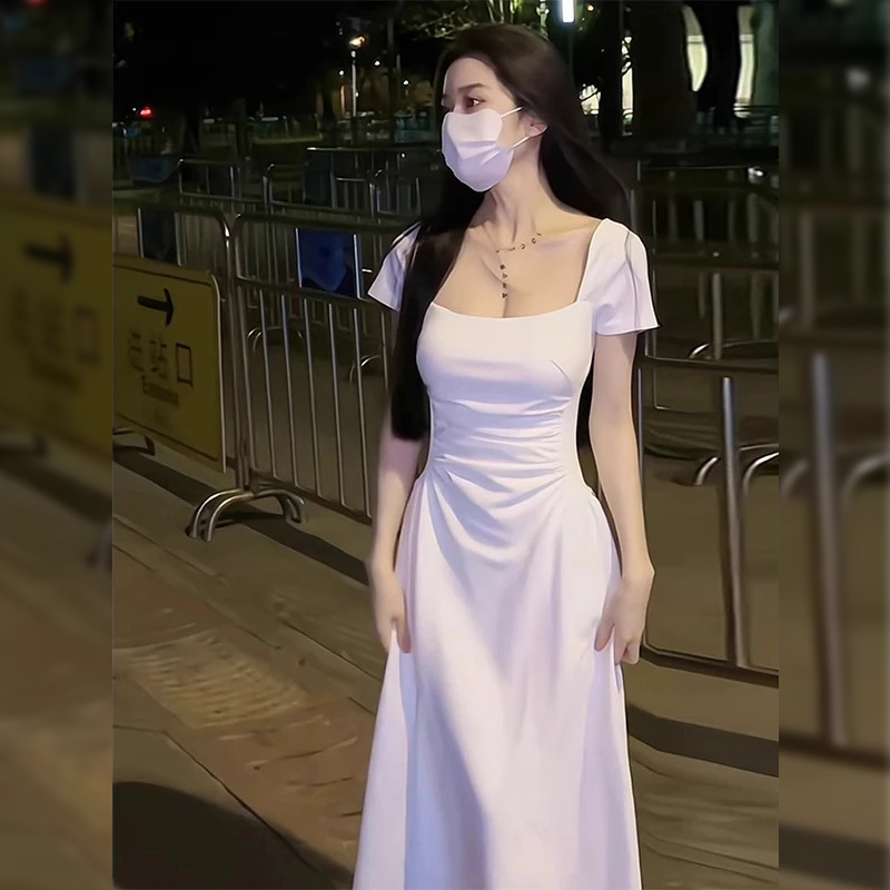 白色修身法式收腰短袖连衣裙女夏季爆款2025新款裙子高级感小