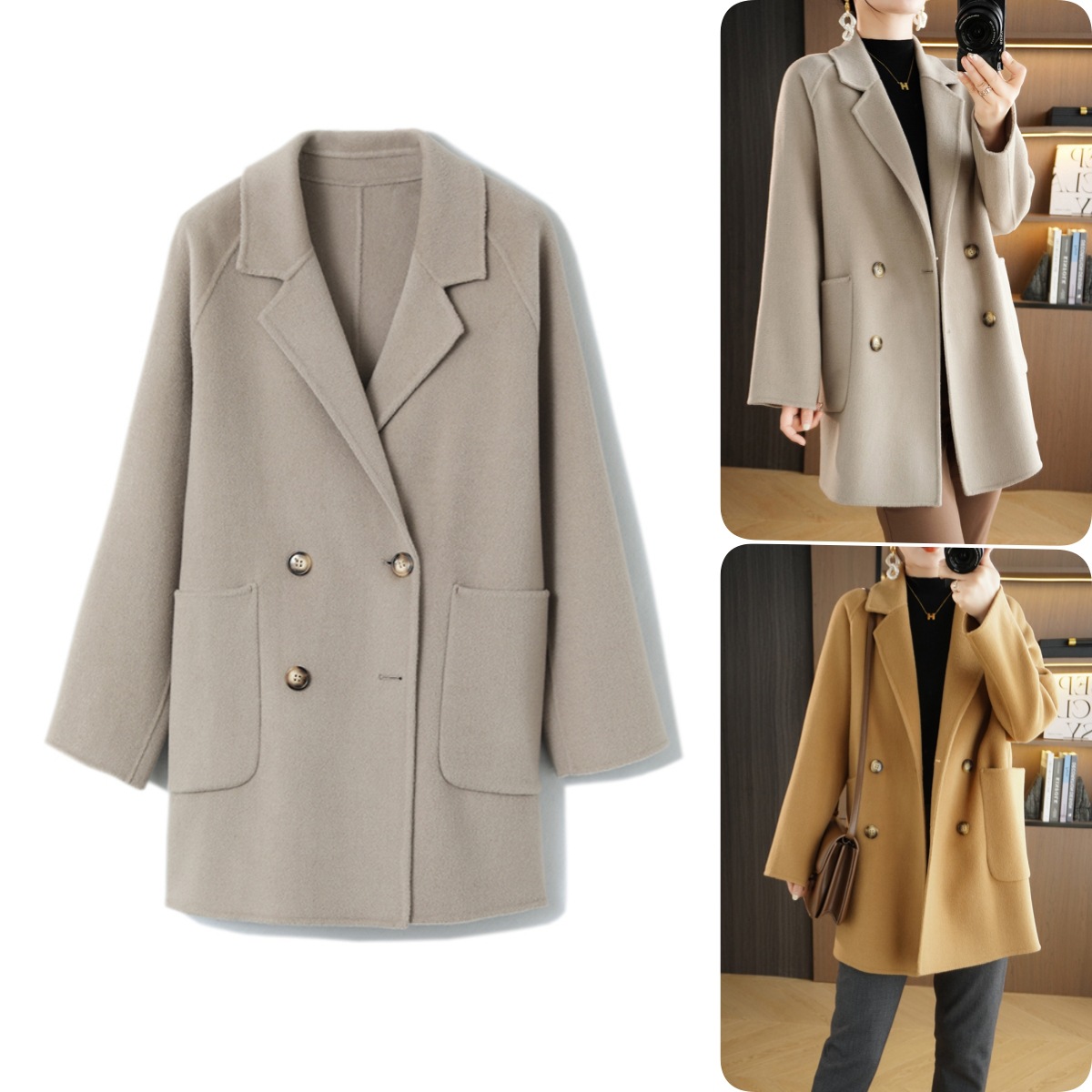 2025秋冬新款双面羊绒大衣女中长款小个子翻领羊毛呢外套感