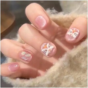 手工儿童美甲穿戴甲感短款粉色猫眼醒狮假指甲贴片2026年新款