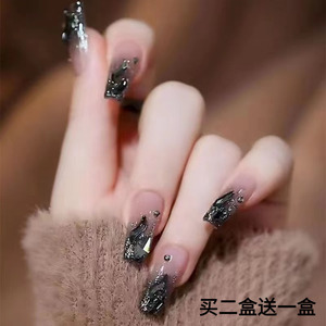 穿戴美甲2023年新款黑色系美甲套装高级感新娘手工中长款指甲贴片