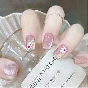 手工儿童美甲穿戴甲感短款粉色繁花猫眼假指甲贴片2026年新款