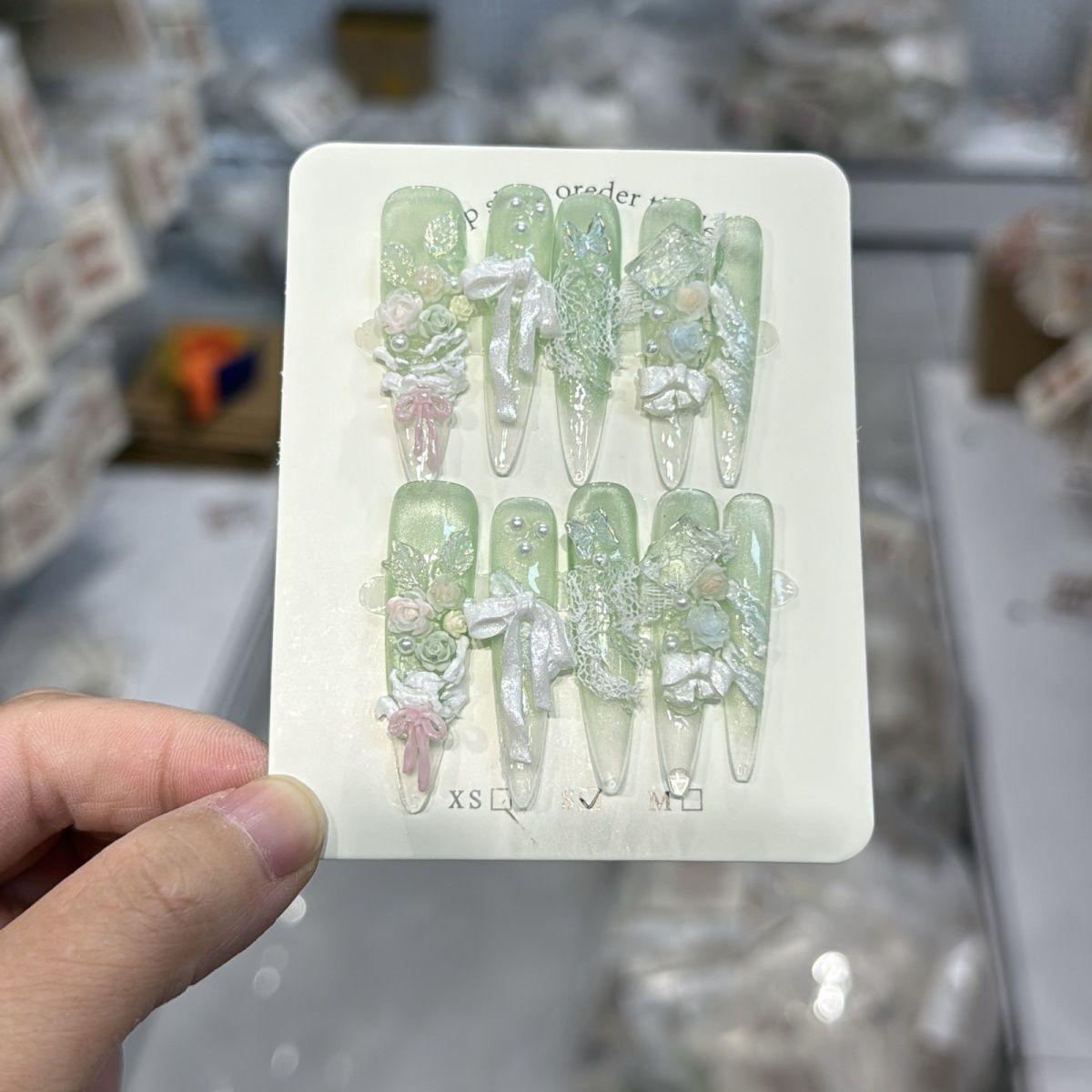 手工儿童美甲穿戴甲2026新款薄荷绿玫瑰中长款学生女孩假指甲贴片