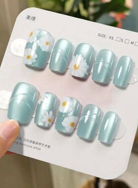 手工儿童美甲穿戴甲感短款蓝色小雏菊猫眼假指甲贴2026年新款
